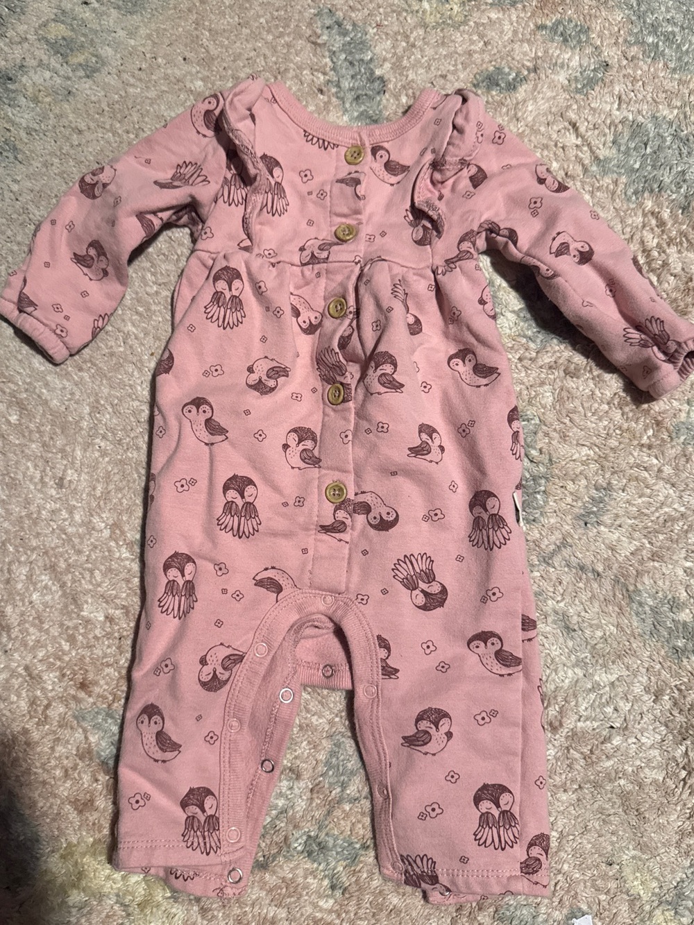 Baby Pink Long-Sleeve One-Piece Bodysuit with Bird Print